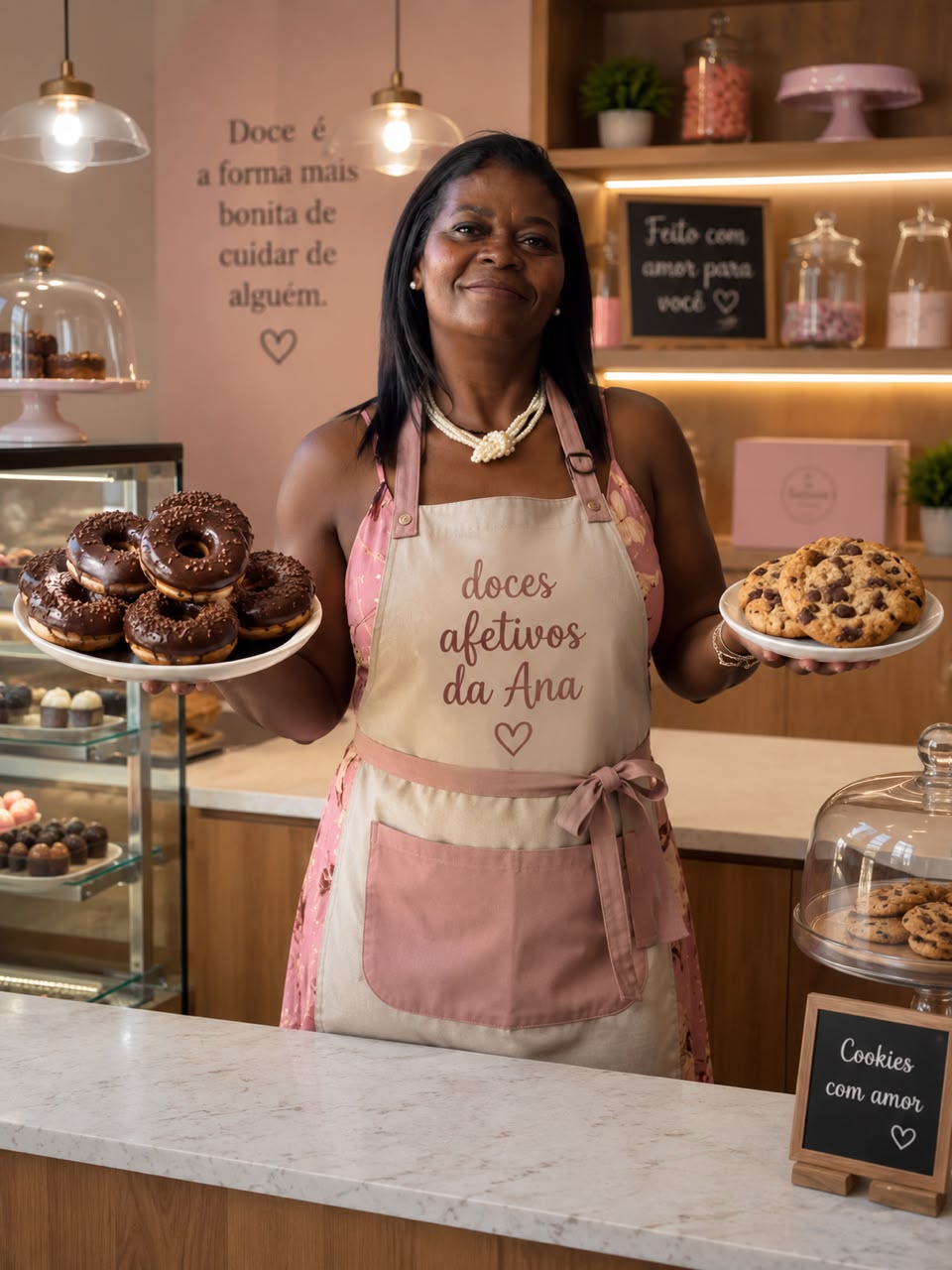 Ana em sua confeitaria, segurando pratos de donuts de chocolate e cookies